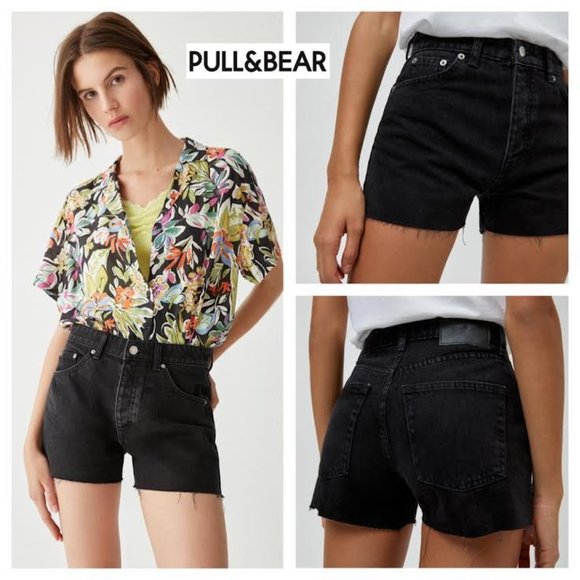 NWT PULL&BEAR Black Denim Jean Shorts Raw Hemline High Rise 30" Waist - Picture 7 of 15